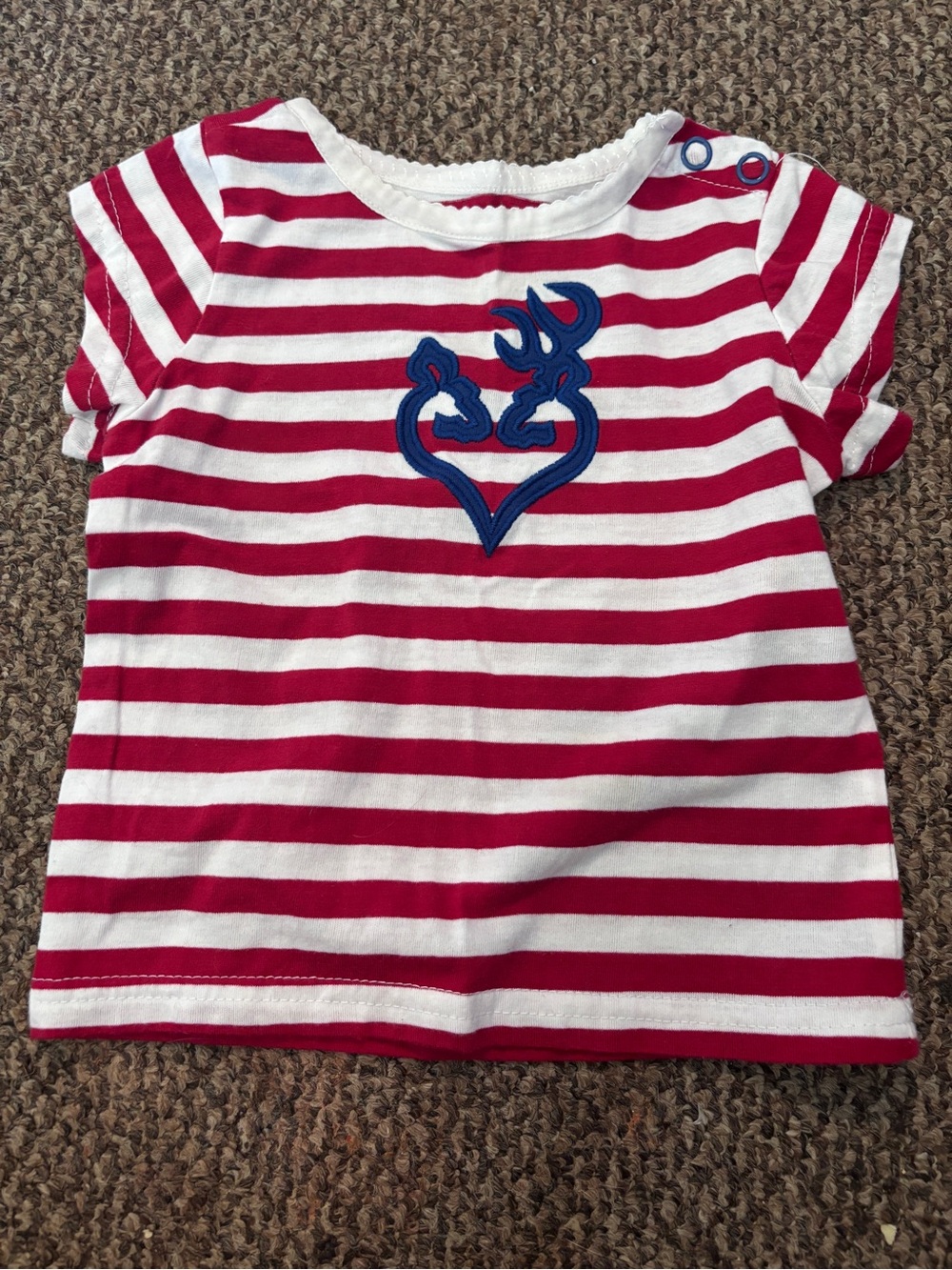 Browning Red & White Striped Short Sleeve Kids Tee with Blue Deer Heart